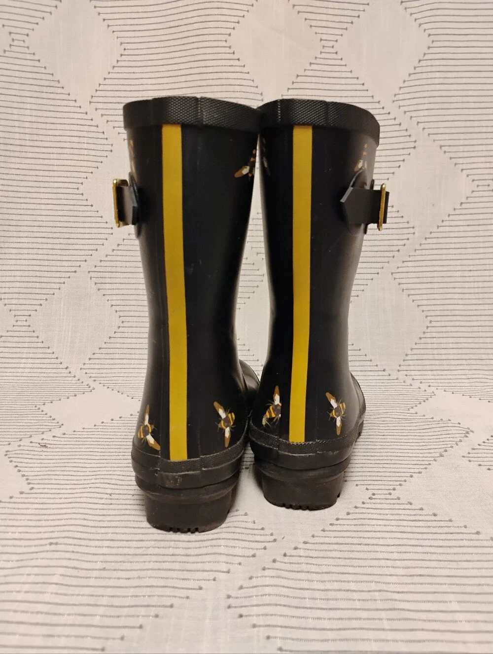 Joules Molly Welly Rain Boots Black Bees Mid Height Rubber Gold Women's Size 6